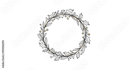 Hand-drawn festive wreath with leaves and berries