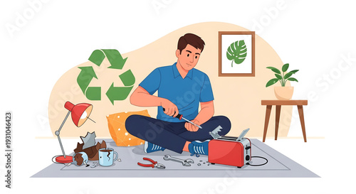 Man repairing an old appliance with a recycling symbol in the background
