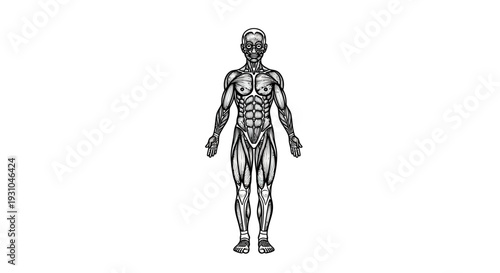 Anatomical illustration of the human muscular system, front view, black and white sketch