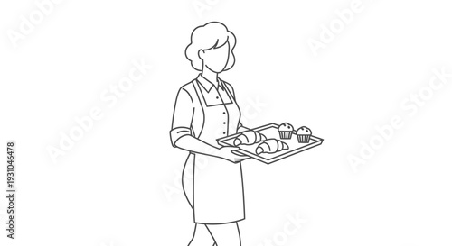Baker Woman Holding Tray with Croissants and Muffins - Line Art Illustration