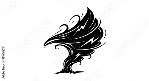 Abstract Black Tornado Symbol with Lightning and Swirls