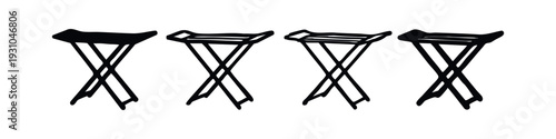 Set of portable folding camping stools in black and white vector icons