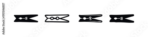 Set of four stylized black clothespin icons, including hand-drawn styles, on white background, flat design.