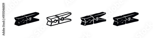 Set of four isometric black clothespin icons, including hand-drawn styles, 3D effect on white background.