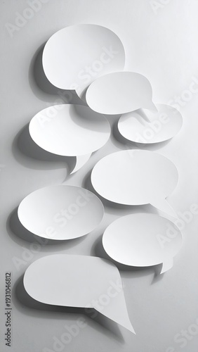 Floating white paper speech bubbles on a gray background
