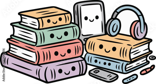 Cartoon illustration of smiling books phone and headphones