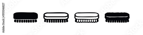 Set of Four Flat Black Hand Drawn Scrub Brush Icons. Cleaning Tool Illustrations in Various Styles.