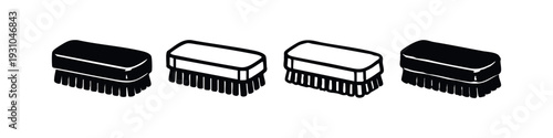 Collection of Isometric Cleaning Scrub Brush Icons in Black and White. Diverse Styles for Housekeeping.
