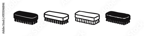 Set of Four Isometric Black Scrub Brush Icons for Cleaning and Hygiene. Hand Drawn Style Illustrations.