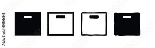 Flat Black Storage Container Vector Icons Set. Bin and Basket Illustrations with Handle.