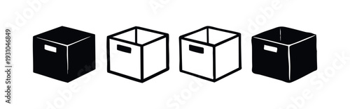 Isometric Storage Box Vector Icons Set. Black Cardboard Box Illustrations with Handle Cutout.