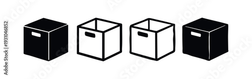 Assorted Isometric Storage Box Icons with Handle in Black and White. Diverse Styles for Organization.