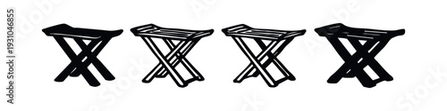 Hand-drawn set of folding stool or camping chair icons with X-shaped legs, angled view on white background.