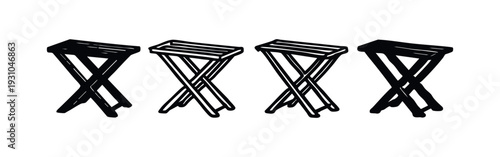 Hand-drawn set of portable folding stool or camping table icons, angled perspective on a white background.