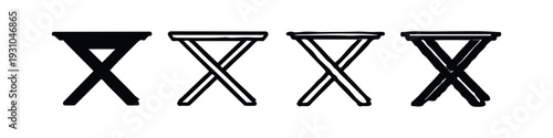 Hand-drawn set of minimalist folding stool or table icons with X-shaped base, front view on a white background.