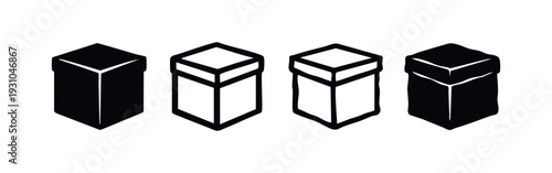 Hand-drawn set of cube or box icons with lids in various styles on a white background.