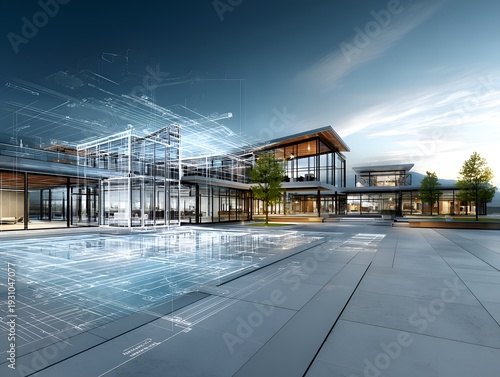 A modern architectural design of a luxurious house is overlaid with blue wireframe blueprints revealing its complex structural details.