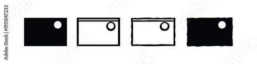 Square Object with Off-Center Circular Hole Icons, Front View Button or Port Symbol Collection, Minimalist Container Graphic