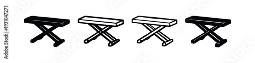 Isometric Folding Stool Icons with 3D Perspective in Black and White