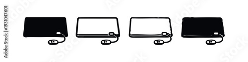 Hand-drawn Power Bank Icon Set with Cord in Flat Style