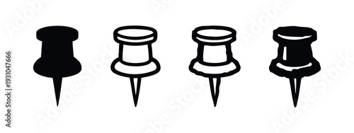Set of four simple black push pins or thumbtacks with different styles, vector illustration on white background.