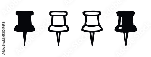Set of four simple black push pins or thumbtacks with different styles, vector illustration on white background.
