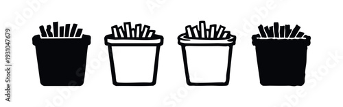 Set of four simple black french fries cups or packets, fast food potato snack icons, vector illustration on white background.