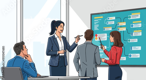 Business Team Discussing Project on Whiteboard.