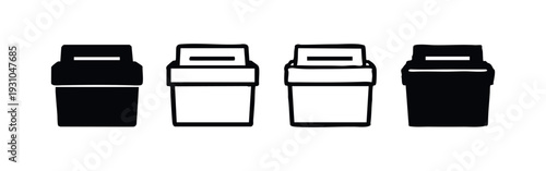 Set of four simple black rectangular boxes or containers with handle, vector illustration on white background.