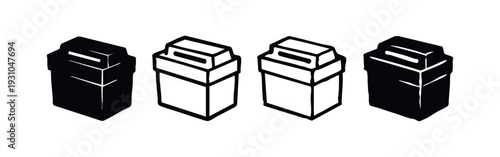 Set of four realistic black rectangular boxes or containers with handle, vector illustration on white background.