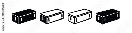 Four black 3D isometric rectangular box icons in solid, outline, and hand-drawn styles on white background.