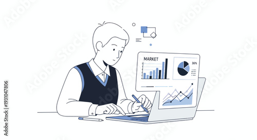 Man Analyzing Data on Laptop Computer.