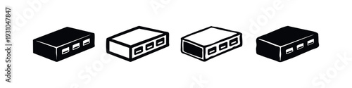 Hand-drawn isometric vector icons of buildings or modular blocks with three distinct openings.