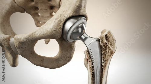human hip replacement surgery 3d medical illustration showing metallic prosthetic joint implant in femur bone and pelvis for orthopedic healthcare treatment and osteopathy science