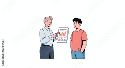 Two Men Discussing Business Report Together.