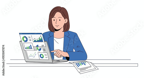 Businesswoman Analyzing Data on Laptop Computer.