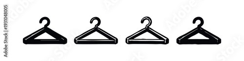 Four black and white clothes hanger icons with varying details, depicting simple yet expressive garment storage items.