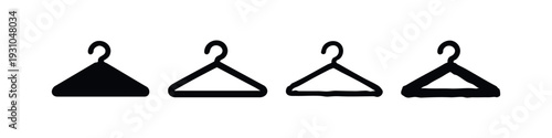 Simple black and white icons of clothes hangers, featuring four distinct minimalist styles for apparel storage.