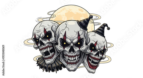 Three Scary Clown Skulls with Full Moon Background, Halloween Horror Art