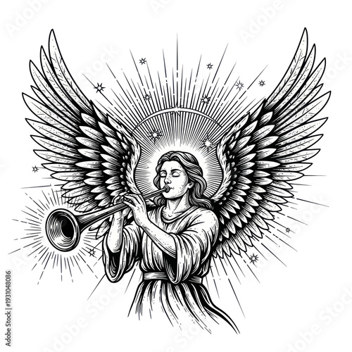 Angel Blowing Trumpet with Wings and Halo - Religious Art Illustration