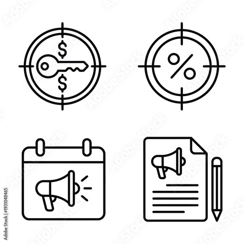 Digital Marketing Strategy Icons: Target Audience, Sales Promotion, Campaign Planning, and Advertising Concepts