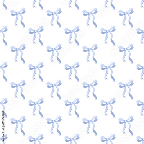 Seamless spring pattern with blue ribbon bows on white background. Cartoon vector background. 