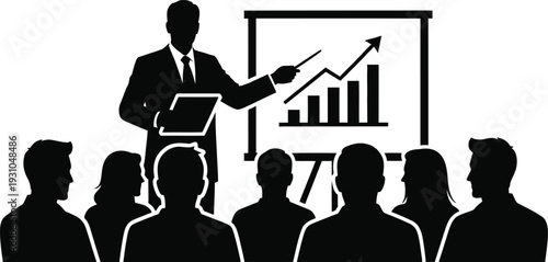 Business presentation with speaker and audience silhouettes on white background.