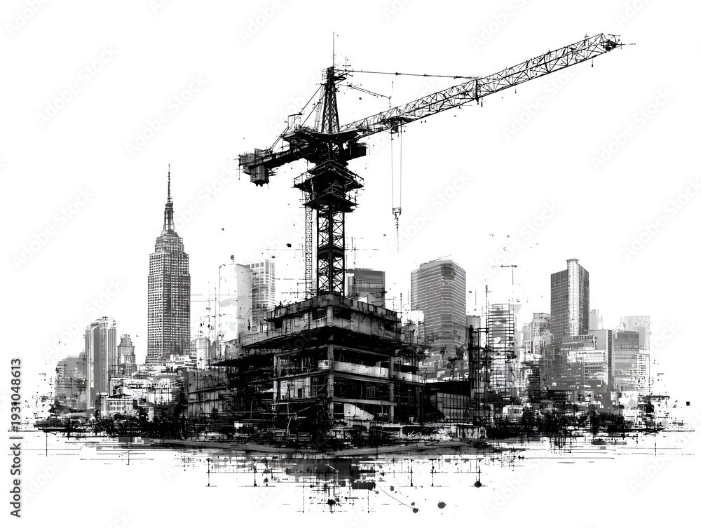 Fototapeta premium A towe crane dominates a construction site amid a stylized cityscape with high rise buildings in a black and white artistic rende.