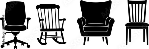 Chair silhouette set, office rocking armchair dining furniture collection, vector illustration, isolated white background design element