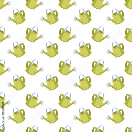 Seamless spring gardening pattern with green watering can on white background. Vector cozy seasonal print.