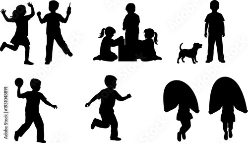 Children silhouettes collection, kids playing running jumping vector illustration isolated black silhouette bundle childhood activity friendship fun