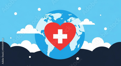 World Health Day  global health and universal medical care, featuring a compassionate heart with a cross emblem protecting the Earth for worldwide well-being and support