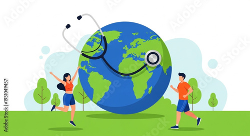 World Health Day Promoting a Healthy Global Lifestyle Active People, Earth, and Stethoscope Symbolizing Worldwide Wellness and Environmental Care for a Sustainable Future