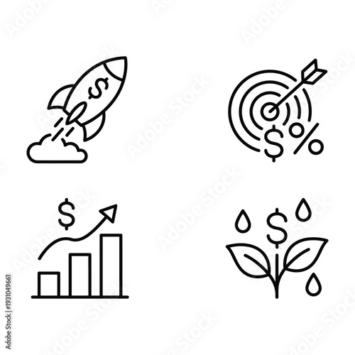 Business Growth and Financial Success Line Icons: Investment Strategy, Startup Launch, Profit Targets, and Economic Development Vector Symbols.
